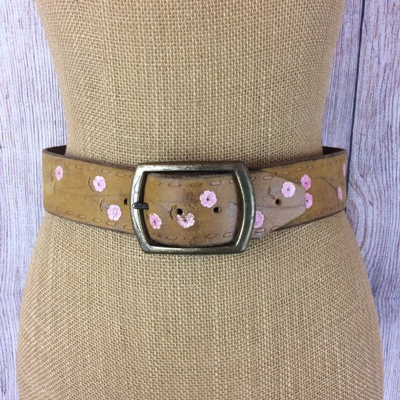Vintage Accessories - Vintage Wide Leather Tooled Painted Floral Belt Sm